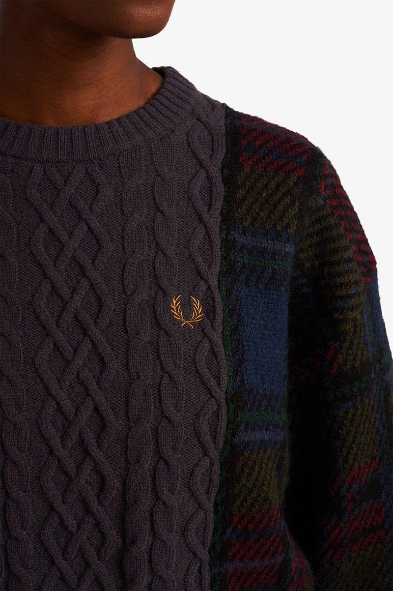 Black Fred Perry Tartan Panel Cable Knit Jumper Women's Knitwear | PH 1934UZGT